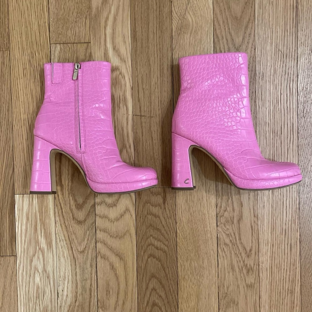 Pink Croc-Embossed Ankle Boots
